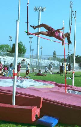 Melanie Chhem of Rosemead High School got "over the bar" at 8'6" to win the girl's varsity pole vault in a Mission Valley League dual meet track and field opener against visiting South El Monte on March 26 at Rosemead High as the host Panthers won in both boy's and girl's varsity action.