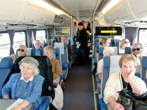 In our hi-level comfortable coach we relax for our trip up the San Joaquin Valley, our destination Emeryville near Oakland.