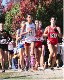 Photo--Elizabeth Lyons (bib no. 271) made a fashion statement with her colorful pink socks and led the Lancers to 10th place overall at the CCCAA State Championships in Fresno, image by Richard Quinton.