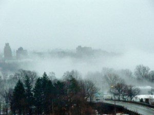 A hazy picture of the clouds churned up by the spray of Niagara Falls.