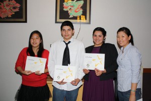 From left to right are Cecilia Mak (3rd place winner), Michael Ramos (1st place), Jessica Ramos (2nd place) and Allison Yu, President of Monterey Park Rotary.