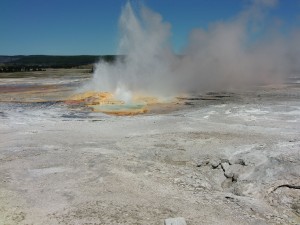 The lower geyser basin is active with small geysers, mud pots and steaming pools.