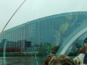This futuristic blue glass building houses the Parliament of the European Union, making Strasbourg a political center for European countries.