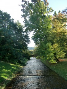  Standing on a small bridge, we look down on the Oos River flowing through the center of Baden-Baden.