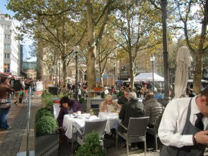 "I admire the European custom of people spending hours outside at small table chatting and drinking with one another."