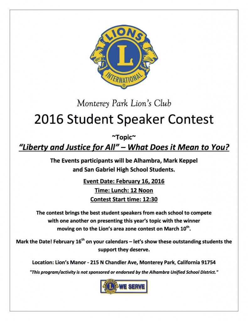 Lions Club Speech Contest Flyer 2016