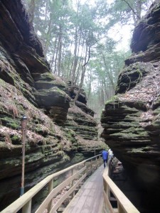 This walkway in the Wisconsin Dells winds through narrow canyons in the ancient rock formations.