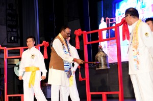 Justice Minister of India’s Uttar Pradesh Shri Brajesh Pathak rings the Bell of World Peace and Love and makes a wish for peace.