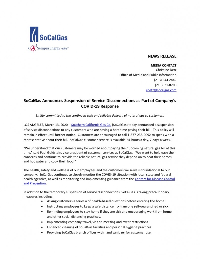 NEWS RELEASE SoCalGas Announces Suspension of Service Disconnections as Part of Company’s COVID-19 Response1