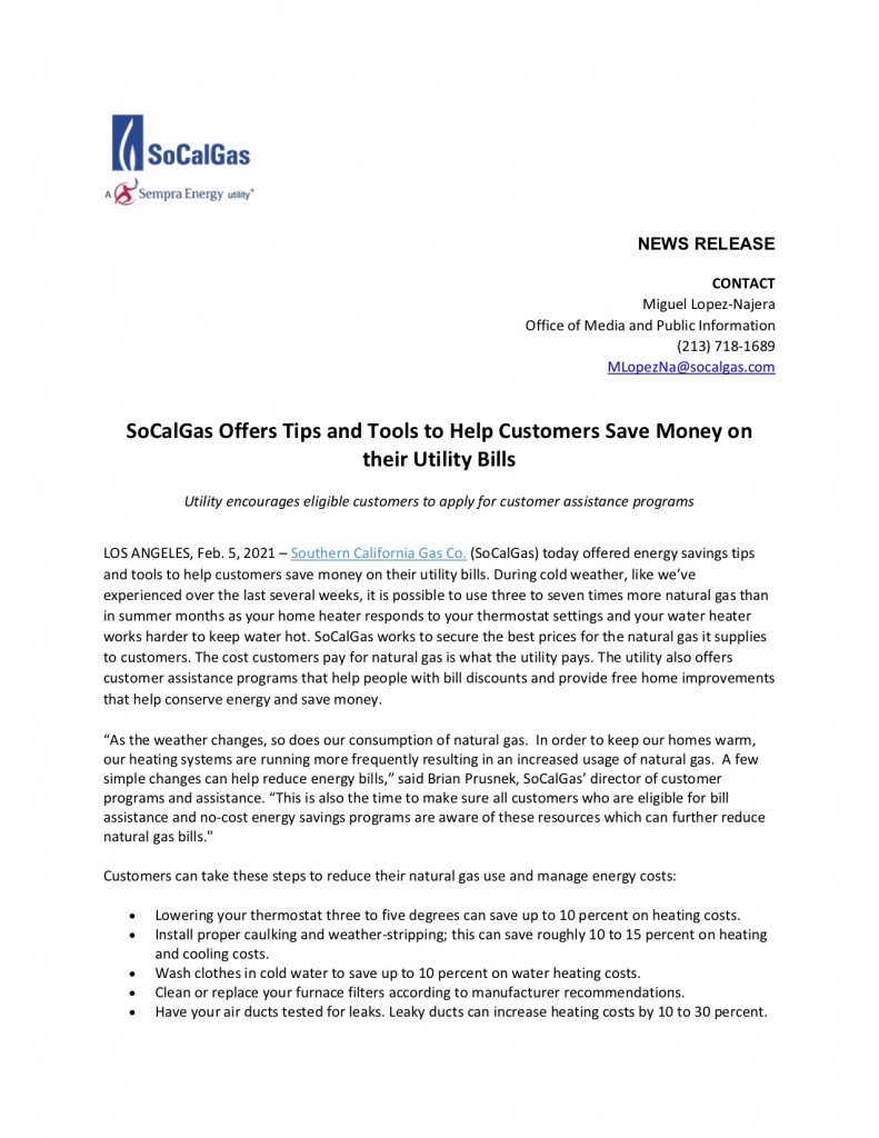 Tips to Save on Utility Bills News Release a