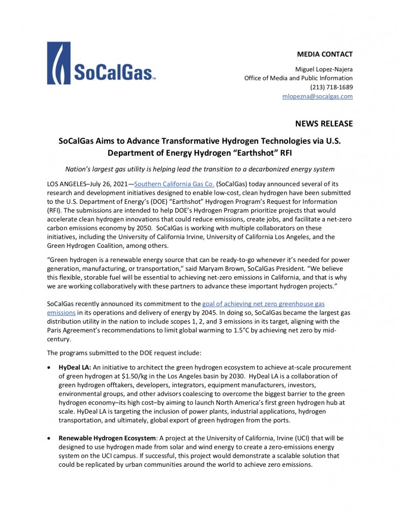 SoCalGas Shares Transformative Hydrogen Technologies in Submissions to DOE Hydrogen Program Earthshot News Release-1a