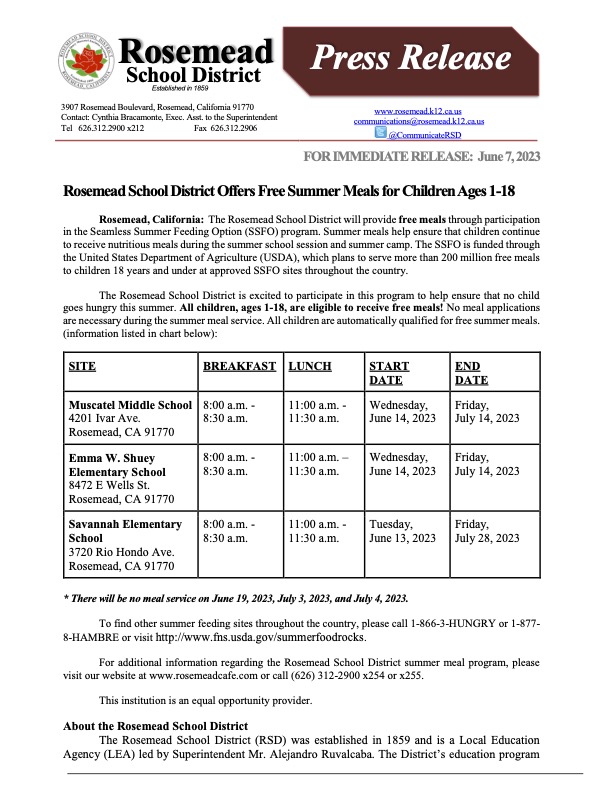 Rosemead SD Offers Free Summer Meals for Children Ages 1-18_pub1